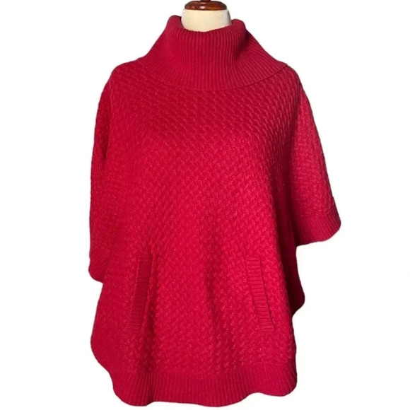 TALBOTS | Red Knit Lamb Wool Blend Cowl Neck Cape Poncho Size S - Picture 1 of 10